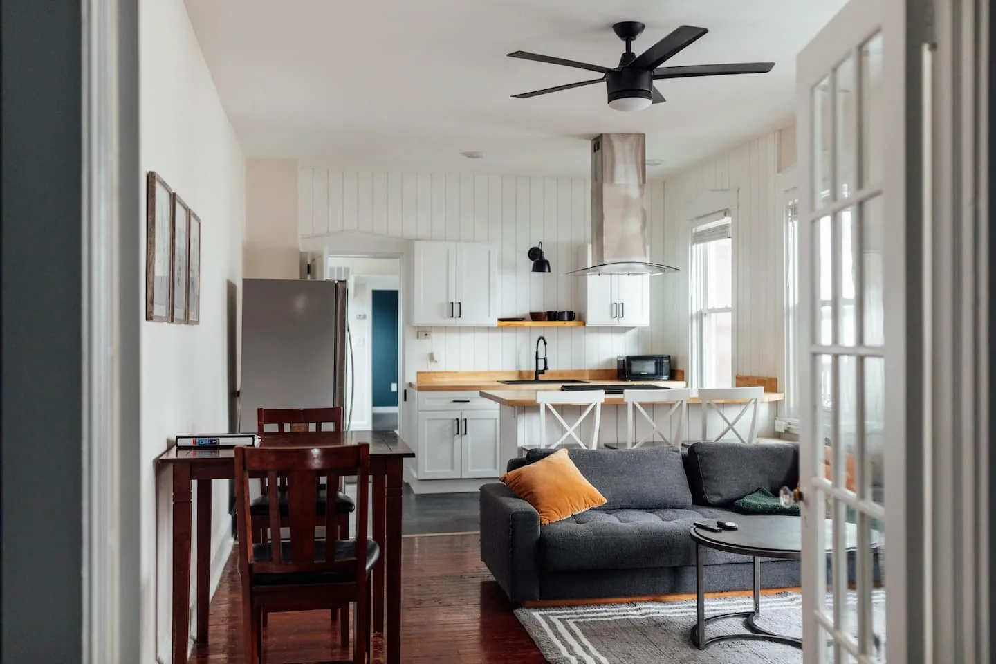 Open living room and kitchen at the Downtown Condo on Walnut
